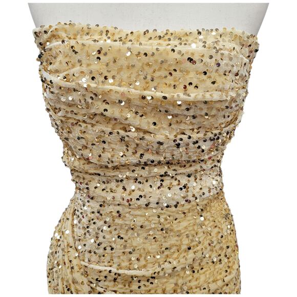 NWT Beige Gold Strapless Sequin Evening Gown with Corset Back on Velvet Fabric - Picture 2 of 12